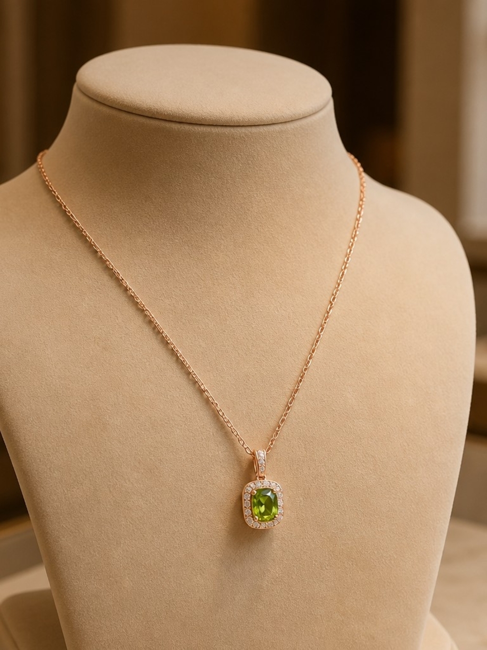 Rose Gold Peridot Halo Pendant Necklace